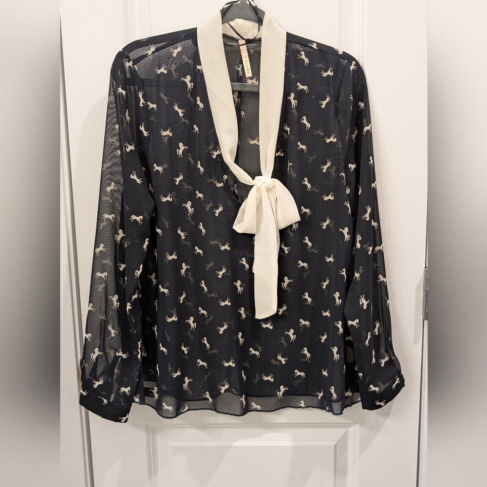 Women's Navy Blouse with Bow Detail  and White Mustang Print